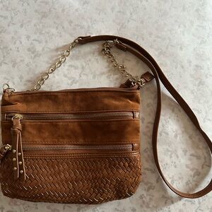Elegant Tan Crossbody Bag with Woven Detail